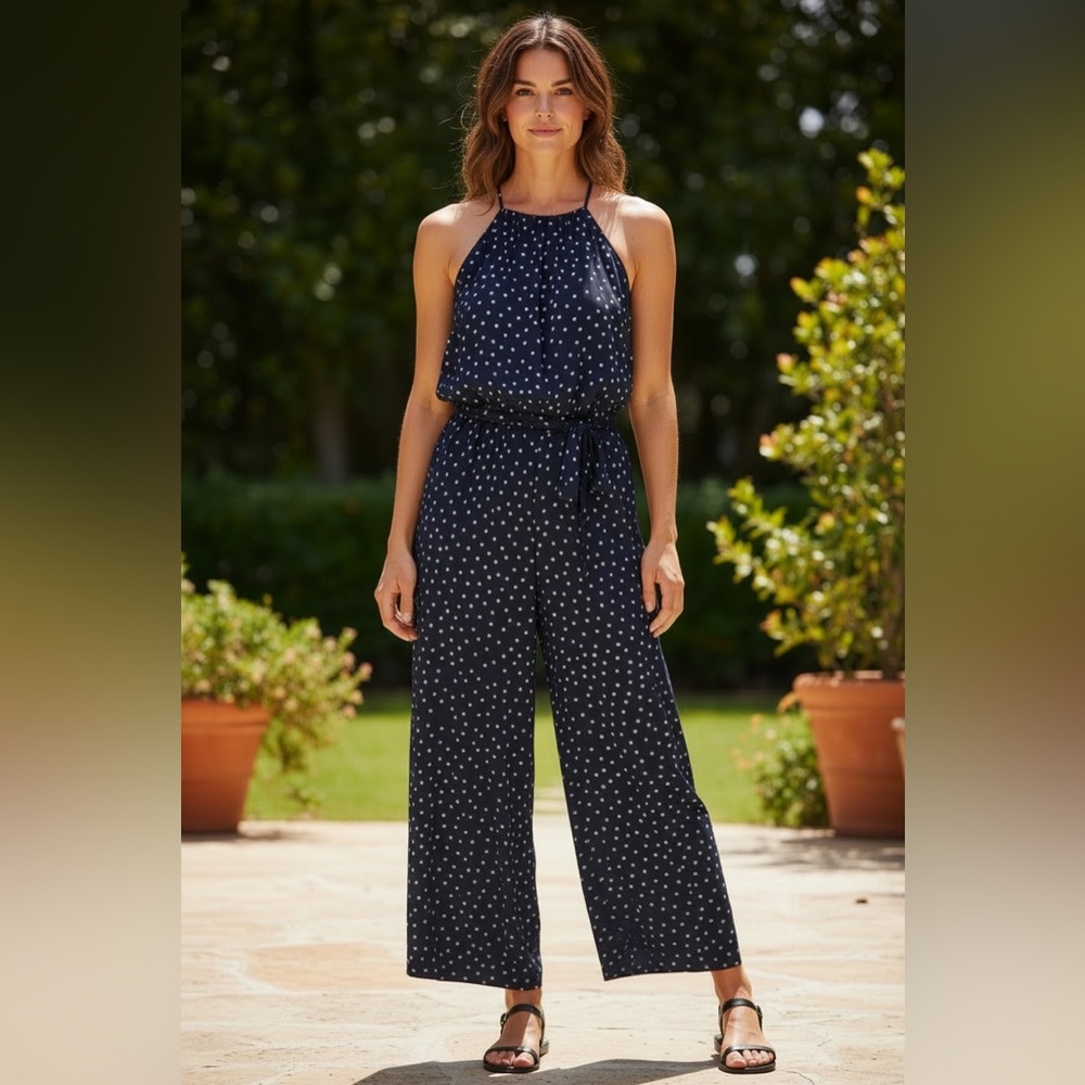 London Times Navy Polka Dot Halter-Neck Jumpsuit